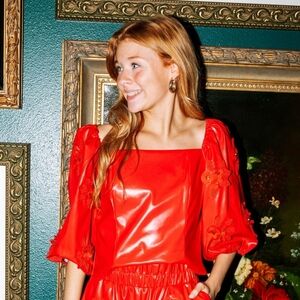 Queen Of Sparkles Red Faux Leather Flower Poof Sleeve Top NWT